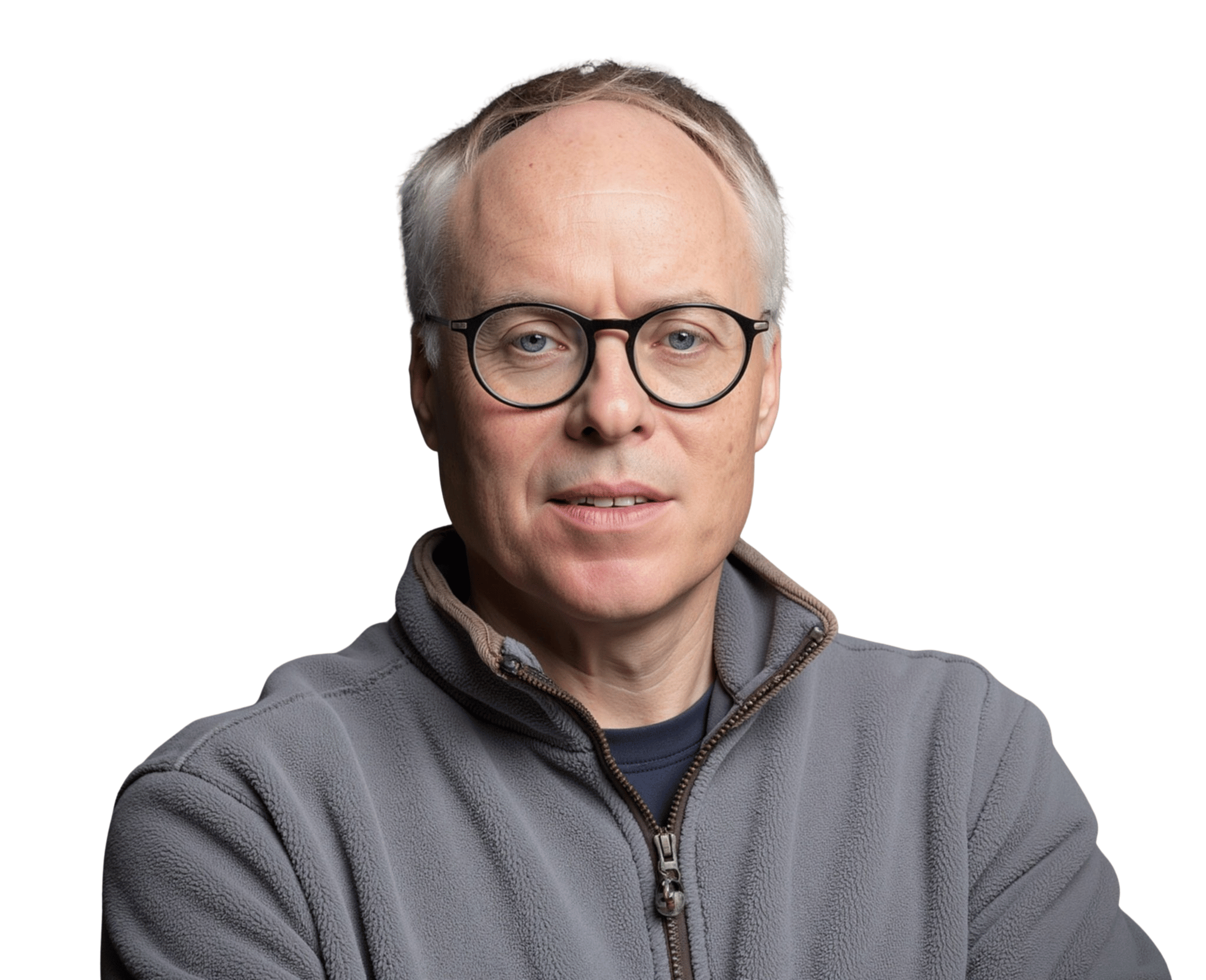 Man wearing glasses and gray fleece jacket